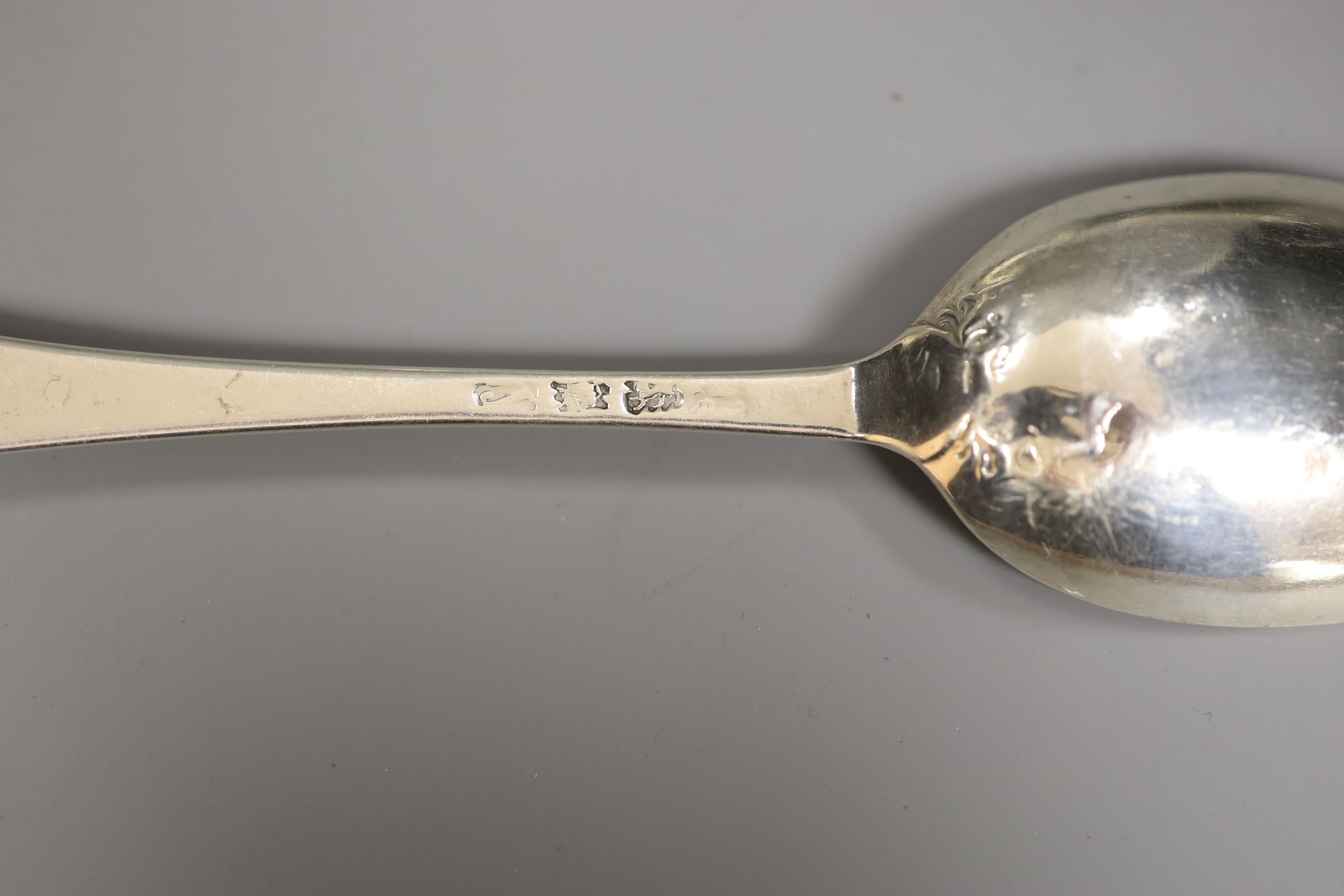 Four 18ct century base marked silver Old English or Hanovarian table spoons including WT, London, 1767, 6.5oz.